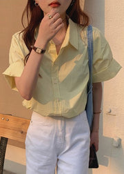 Yellow Button Solid Cotton Summer Shirt Peter Pan Collar