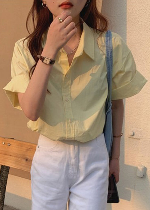 Yellow Button Solid Cotton Summer Shirt Peter Pan Collar