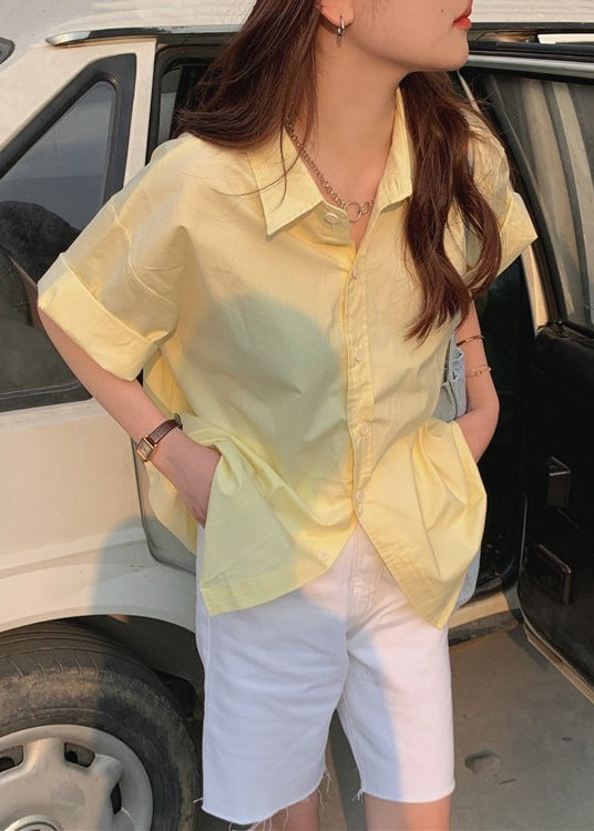 Yellow Button Solid Cotton Summer Shirt Peter Pan Collar