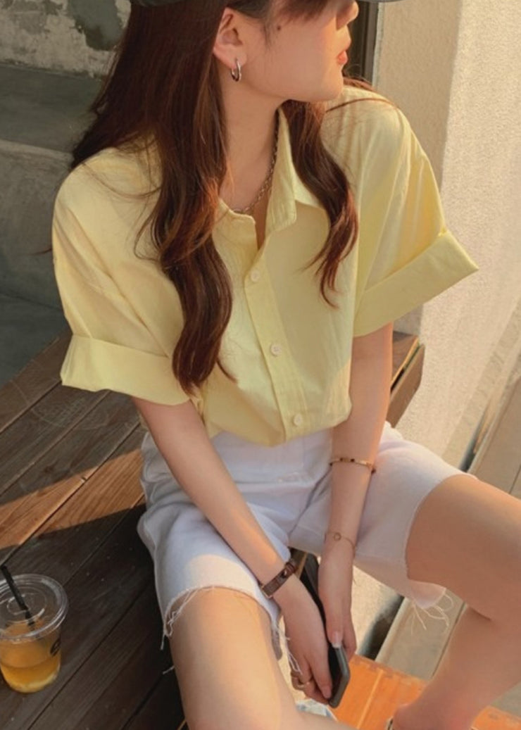 Yellow Button Solid Cotton Summer Shirt Peter Pan Collar