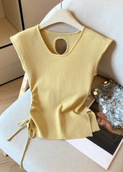 Yellow Cinched Side Open Solid Knit T Shirt Hollow Out