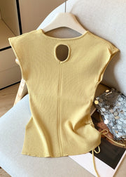 Yellow Cinched Side Open Solid Knit T Shirt Hollow Out