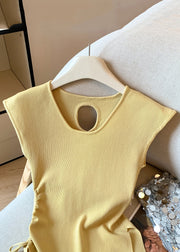 Yellow Cinched Side Open Solid Knit T Shirt Hollow Out