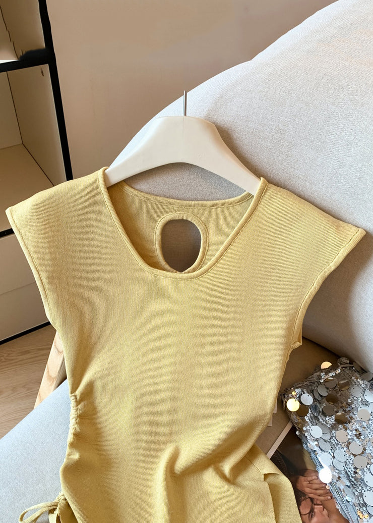 Yellow Cinched Side Open Solid Knit T Shirt Hollow Out