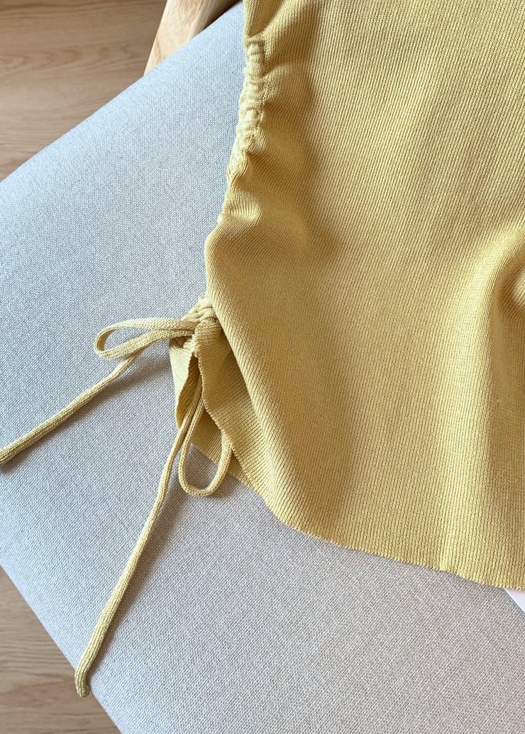 Yellow Cinched Side Open Solid Knit T Shirt Hollow Out