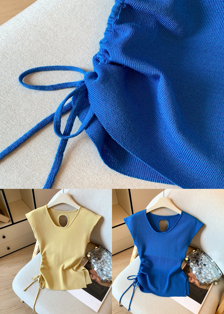 Yellow Cinched Side Open Solid Knit T Shirt Hollow Out