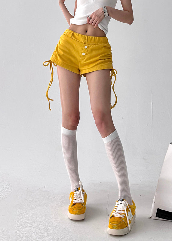 Yellow Cinched Solid Cotton Summer Shorts Elastic Waist