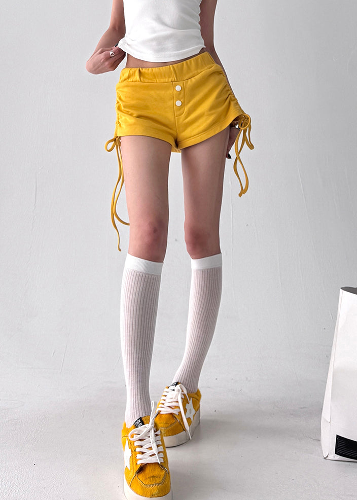 Yellow Cinched Solid Cotton Summer Shorts Elastic Waist