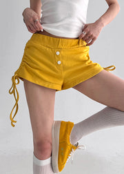 Yellow Cinched Solid Cotton Summer Shorts Elastic Waist