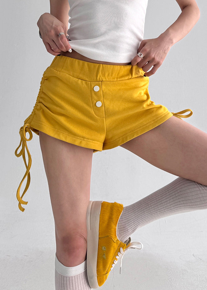 Yellow Cinched Solid Cotton Summer Shorts Elastic Waist