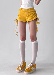 Yellow Cinched Solid Cotton Summer Shorts Elastic Waist