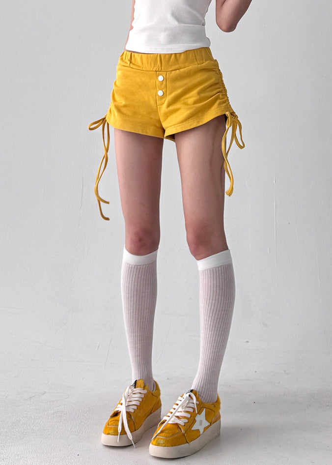 Yellow Cinched Solid Cotton Summer Shorts Elastic Waist