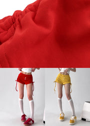Yellow Cinched Solid Cotton Summer Shorts Elastic Waist