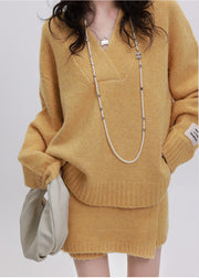 Yellow Cozy Knit Two Piece Set Women Clothing Asymmetrical Design Winter