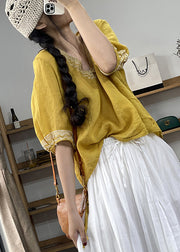 Yellow Embroidered Patchwork Linen Summer Shirts V Neck