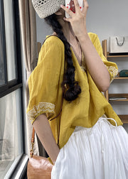 Yellow Embroidered Patchwork Linen Summer Shirts V Neck