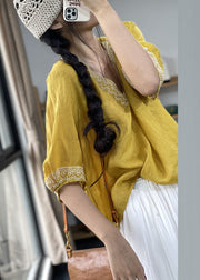 Yellow Embroidered Patchwork Linen Summer Shirts V Neck