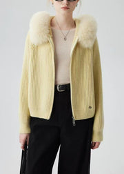 Yellow Fox Fur Knit Hooded Cardigan Zippered Winter