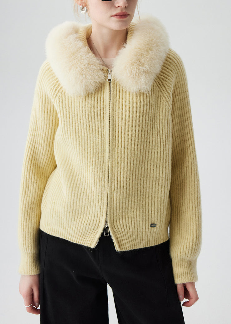 Yellow Fox Fur Knit Hooded Cardigan Zippered Winter