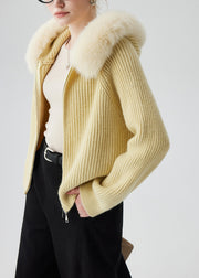 Yellow Fox Fur Knit Hooded Cardigan Zippered Winter