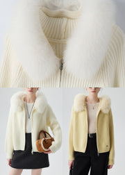 Yellow Fox Fur Knit Hooded Cardigan Zippered Winter