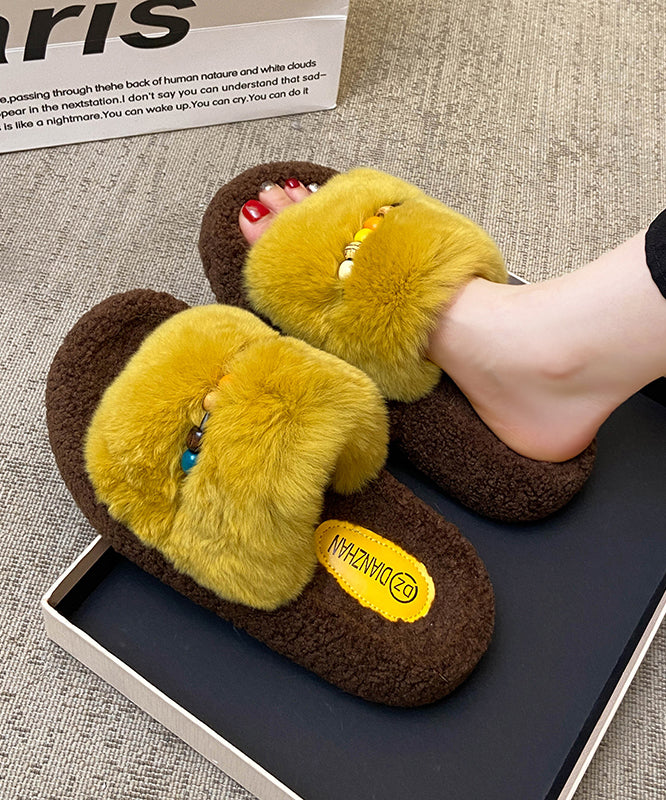 Yellow Fuzzy Fur Fluffy Warm Slippers Shoes Splicing Peep Toe
