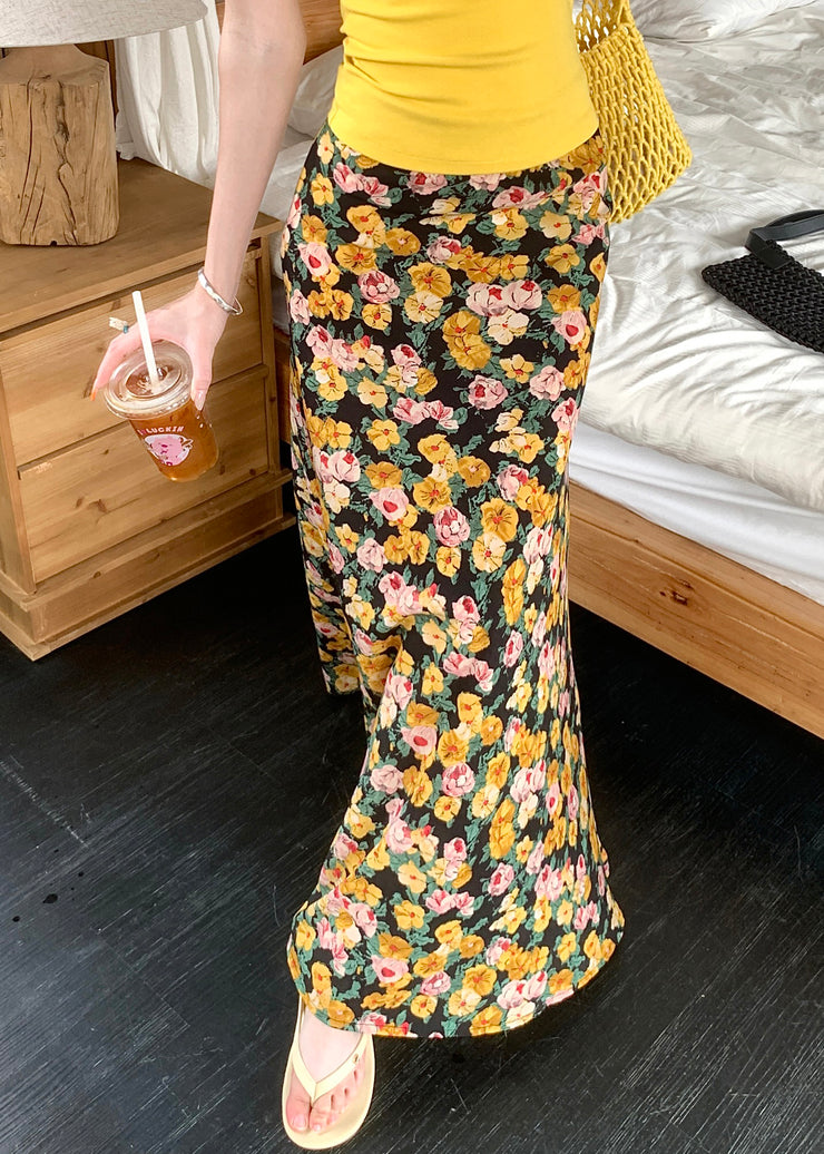 Yellow High Waist Cotton Summer Maxi Skirts Print