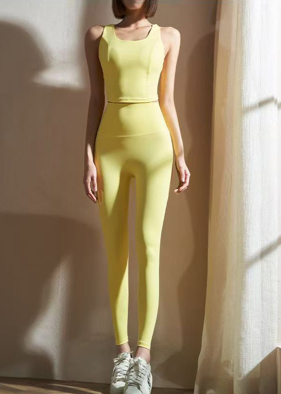 Yellow High Waist Hollow Out Yellow High Waist Bra And Leggings Set Two Piece Set