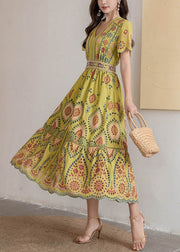 Yellow Hollow Out High Waist Cotton Summer Long Dress V Neck