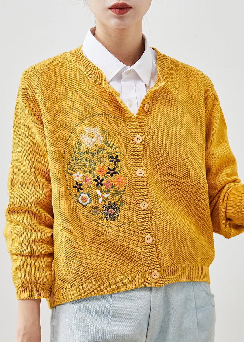 Yellow Knit Cardigans Embroidered Button Spring – SooLinen