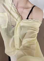 Yellow Lace Pockets Silk Cotton Summer Blouse V Neck