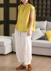 Yellow Loose Linen Tank Tops Stand Collar Summer