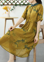 Yellow Patchwork Linen Dress Peter Pan Collar Drawstring Summer