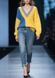 Yellow Patchwork Sweater Tops Asymmetrical Design Winter