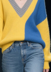 Yellow Patchwork Sweater Tops Asymmetrical Design Winter