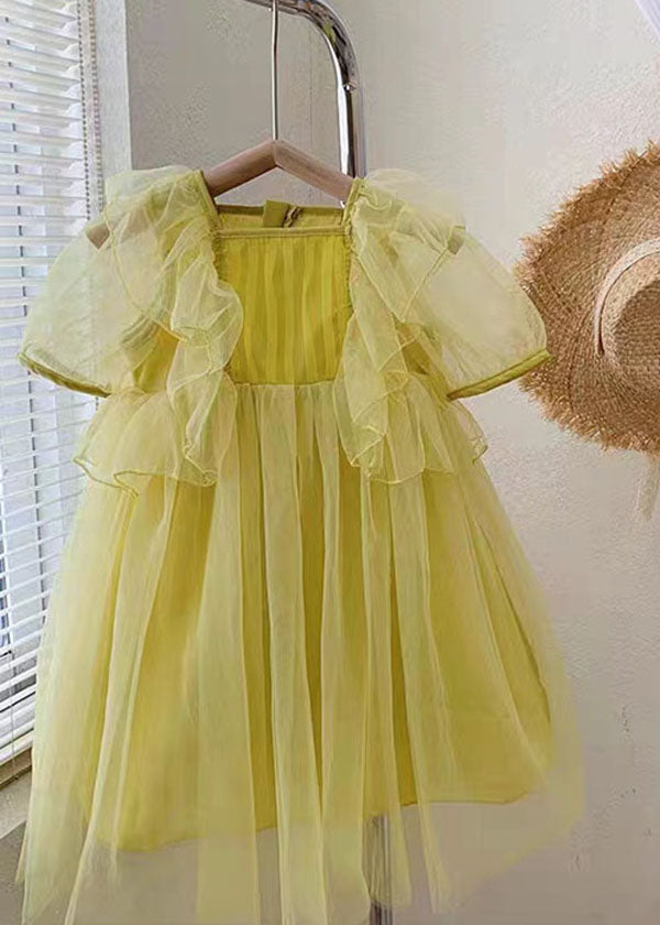 Yellow Patchwork Tulle Baby Girls Princess Dresses Wrinkled Summer