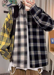 Yellow Plaid Pockets Patchwork Cotton Spring Mens Shirts Asymmetrical