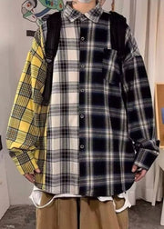 Yellow Plaid Pockets Patchwork Cotton Spring Mens Shirts Asymmetrical