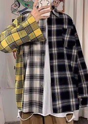 Yellow Plaid Pockets Patchwork Cotton Spring Mens Shirts Asymmetrical