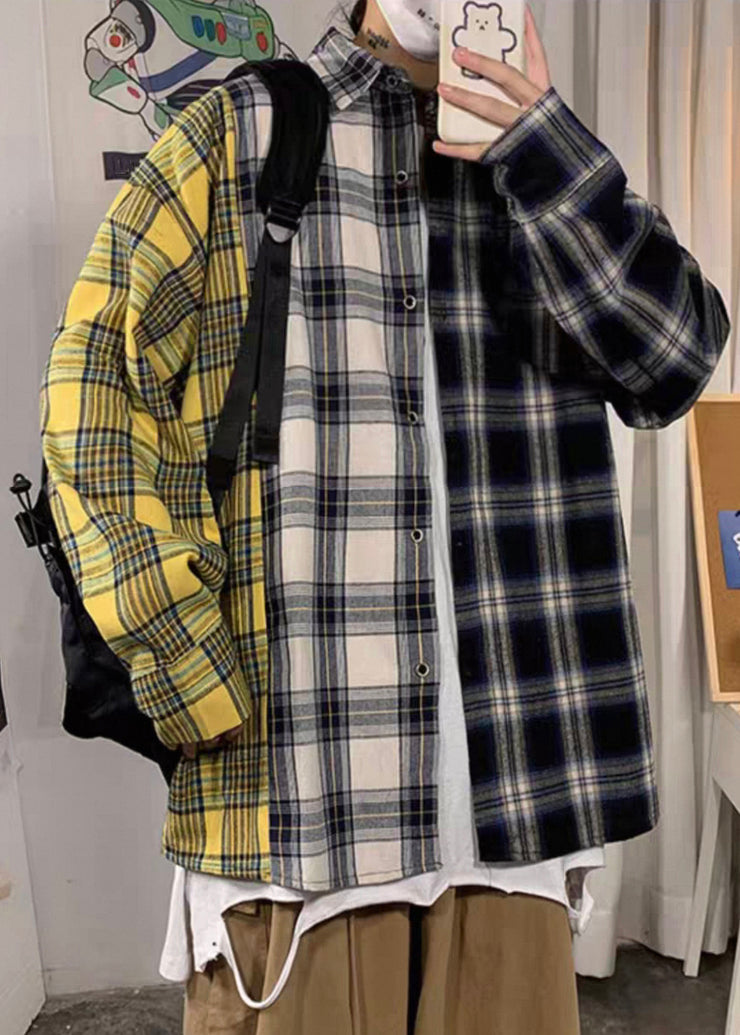 Yellow Plaid Pockets Patchwork Cotton Spring Mens Shirts Asymmetrical
