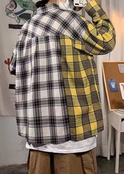 Yellow Plaid Pockets Patchwork Cotton Spring Mens Shirts Asymmetrical