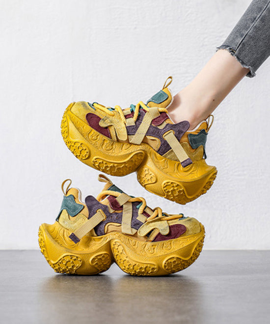 Yellow Platform Shoes Suede Casual Splicing Lace Up