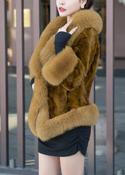 Yellow Pockets Patchwork Leather And Fur Coats V Neck Long Sleeve