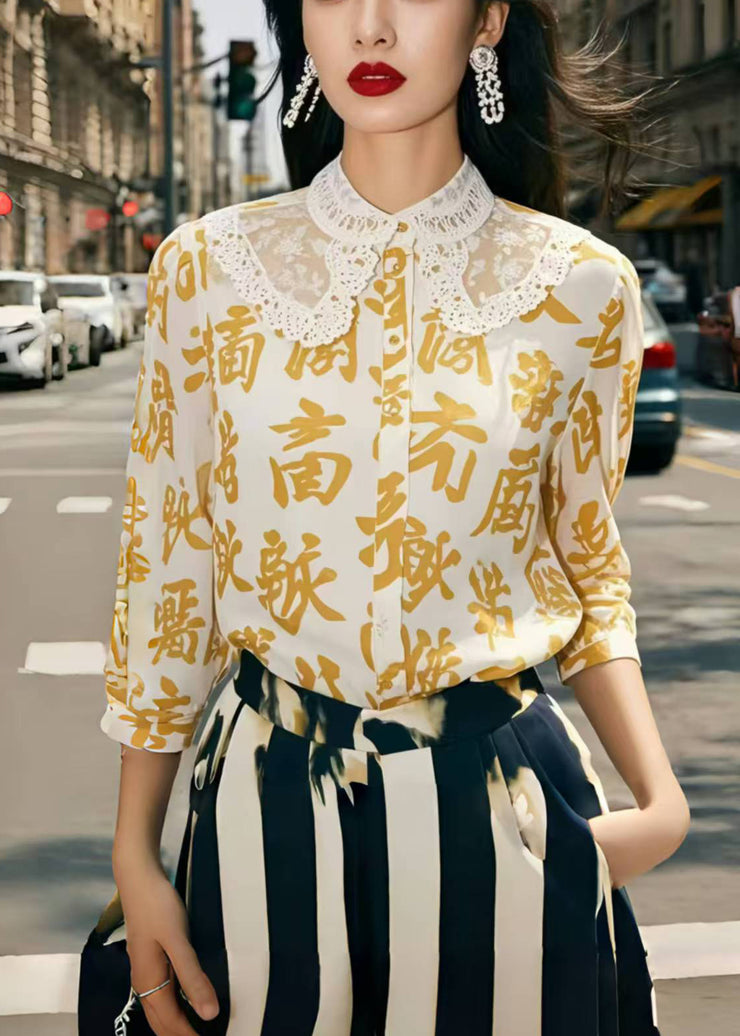 Yellow Print Chiffon Blouse Tops Bracelet Sleeve
