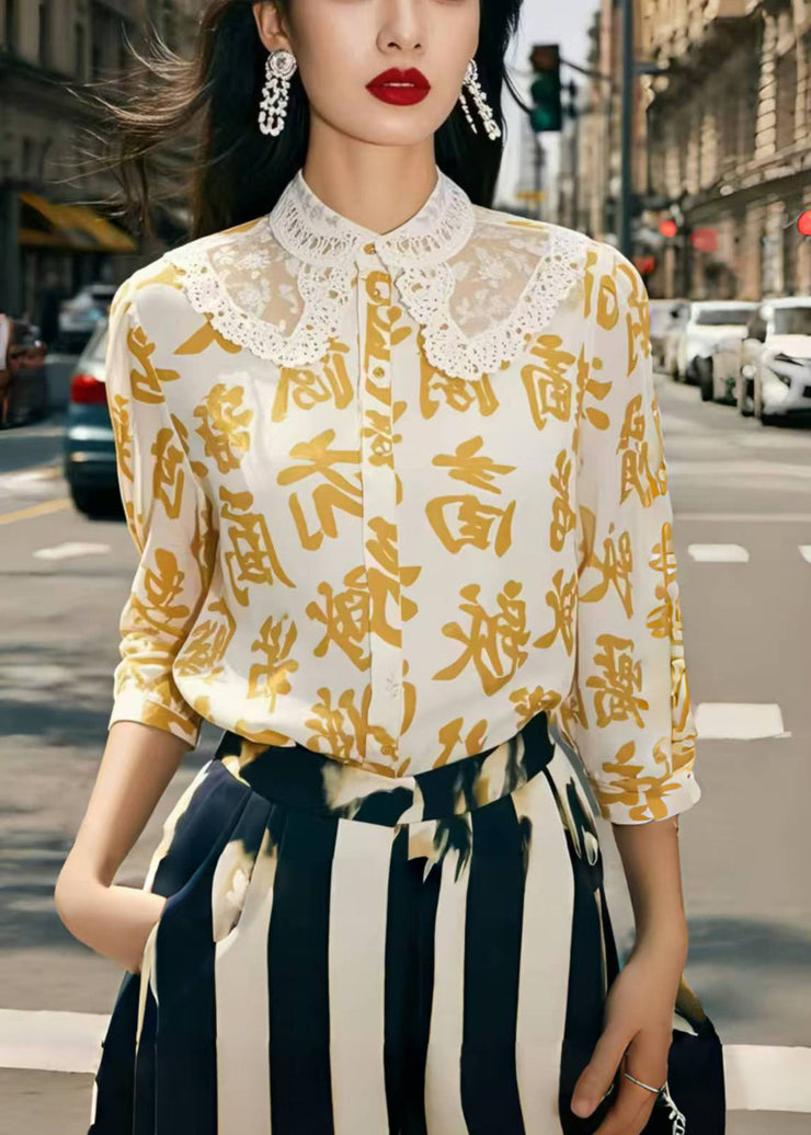 Yellow Print Chiffon Blouse Tops Bracelet Sleeve