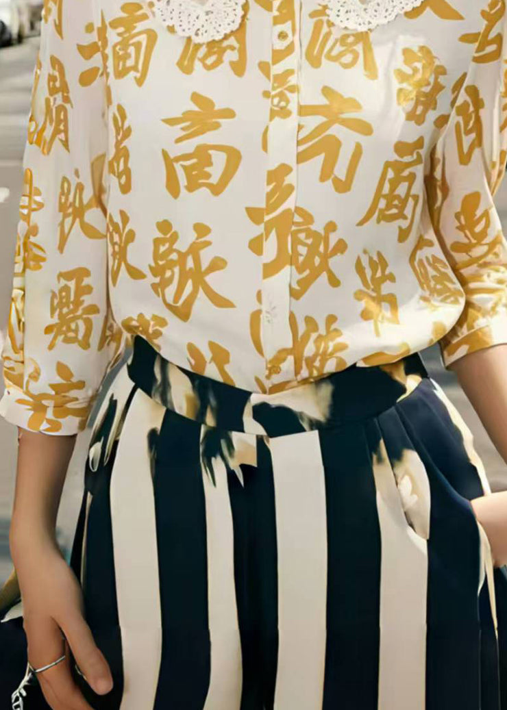 Yellow Print Chiffon Blouse Tops Bracelet Sleeve