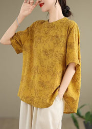 Yellow Print Cotton Shirt Chinese Button Half Sleeve