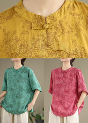 Yellow Print Cotton Shirt Chinese Button Half Sleeve