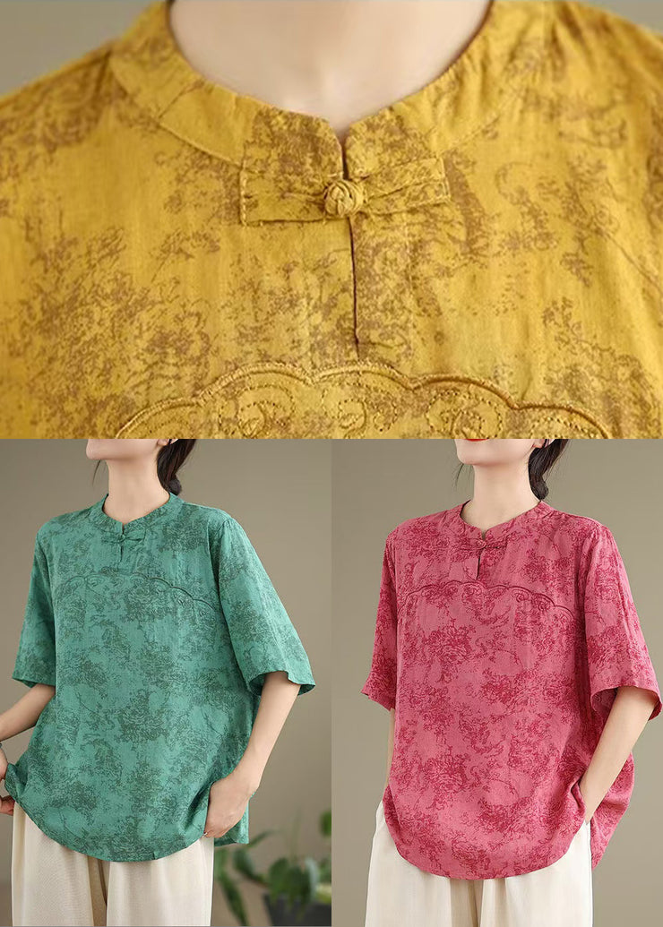 Yellow Print Cotton Shirt Chinese Button Half Sleeve