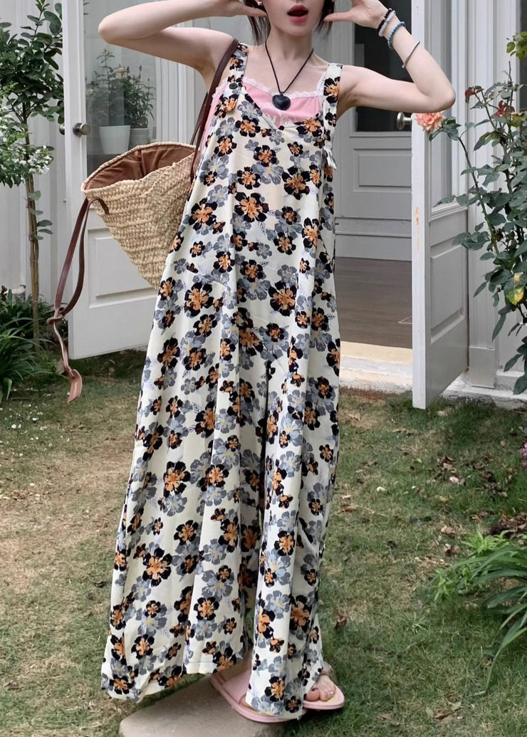 Yellow Print Cotton Sleeveless Wide Leg Jumpsuit V Neck